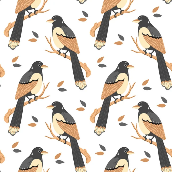 Sömlöst Mönster Tecknad Färgglada Magpie Fåglar Och Blad Vit Bakgrund — Stock vektor