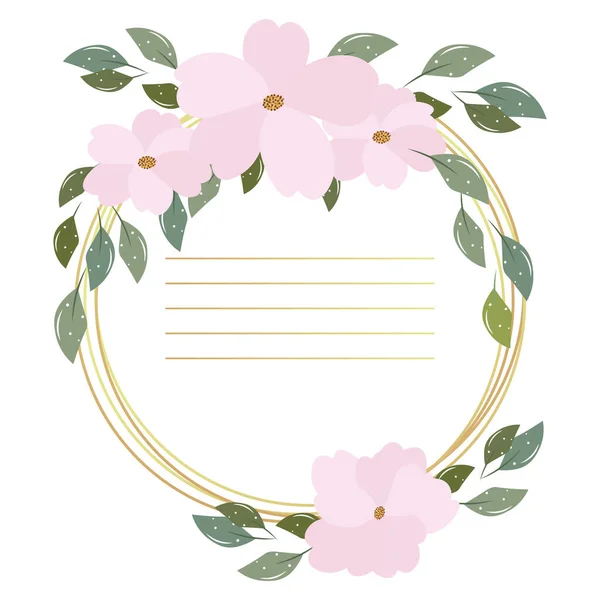 Frame Delicate Pink Flowers Scattered Leaves Lines Text Print Festive — Stock Vector