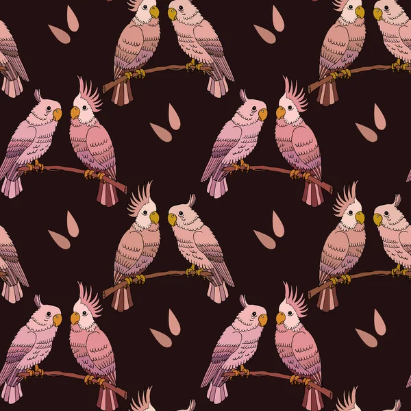 Bezszwowy Wzór Narysowane Kolorowe Ptaki Papugi Beżowo Różowe Odcienie Brązowym — Wektor stockowy