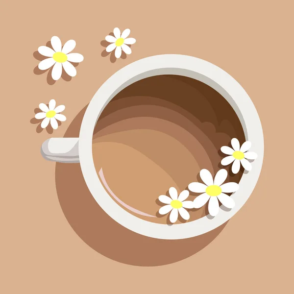 Ilustración Taza Café Realista Platillo Flores Manzanilla Dispersas Sobre Fondo — Archivo Imágenes Vectoriales