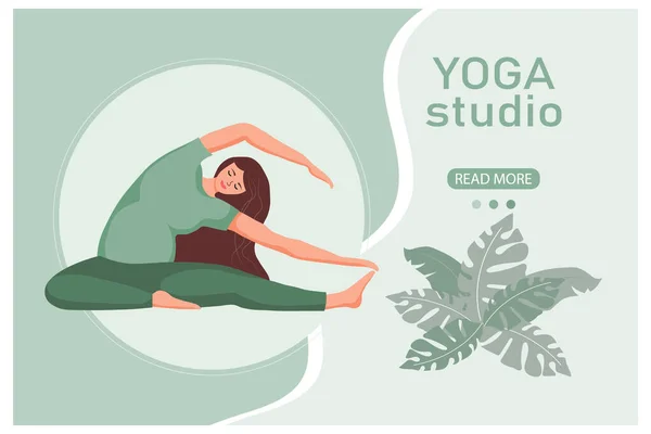 Estudio Yoga Banner Mujer Embarazada Joven Postura Yoga Sobre Fondo — Vector de stock