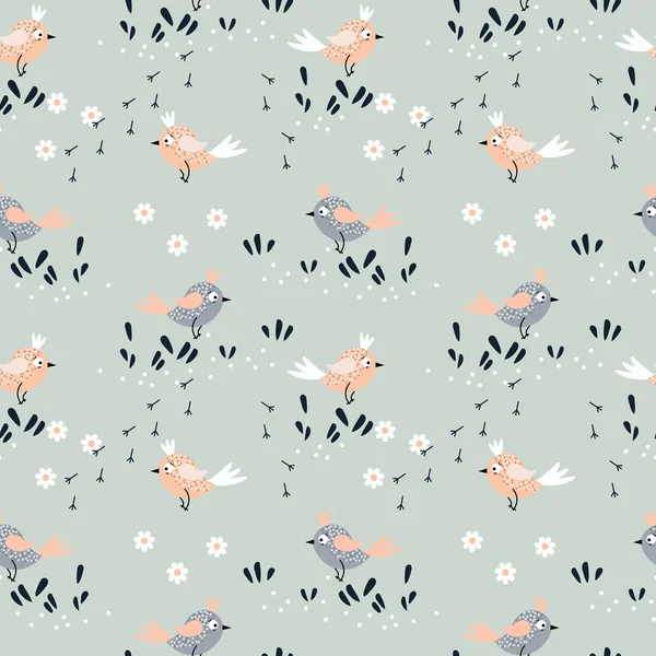 Seamless Pattern Small Cute Gray Pink Birds Leaves Flowers Gentle — Stock Vector