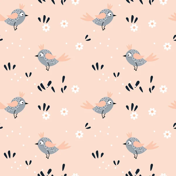 Seamless Pattern Small Cute Gray Birds Leaves Flowers Delicate Orange — Stock Vector