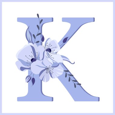 K harfi çiçek ve yapraklarla süslenmiş, narin leylak renkleri. Resim, simge, düğün davetiyesi tasarımı, dekor