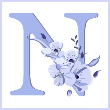 N harfi çiçek ve yapraklarla süslenmiş, narin leylak renkleri. Resim, simge, düğün davetiyesi tasarımı, dekor