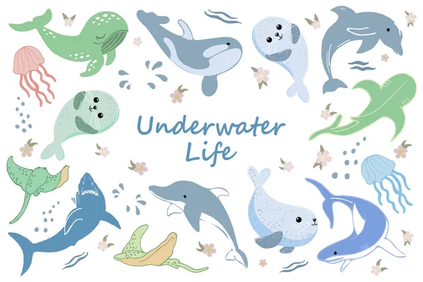 Set Sea Animals Cute Whales Sharks Rays Jellyfish White Background — Stock Vector