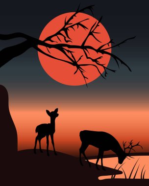 Resim, gece manzarası, gölün, ağacın ve günbatımının önünde geyik ve geyik siluetleri. Poster, duvar kağıdı, vektör
