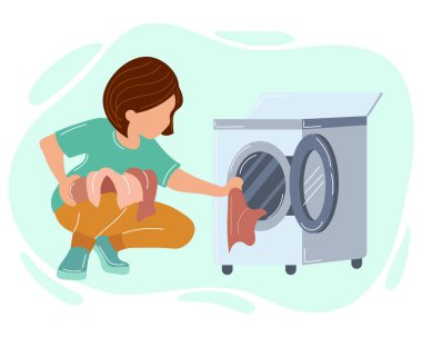 Ev ödevi tasviri, güzel bir kadın çamaşır makinesine çamaşır koyar. Pastel renkler. Oda servisi konsepti. Vektör
