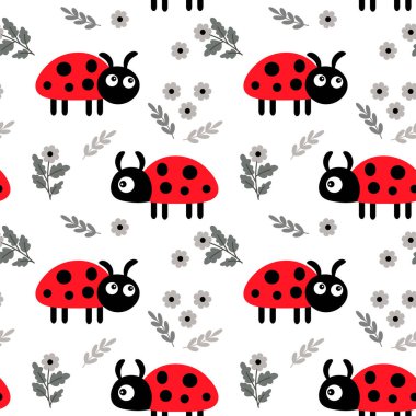 Kusursuz desen, tatlı kırmızı uğur böcekleri ve beyaz arka planda küçük gri çiçekler. Çocuk baskısı, tekstil, duvar kağıdı, çocuk odası dekoru.