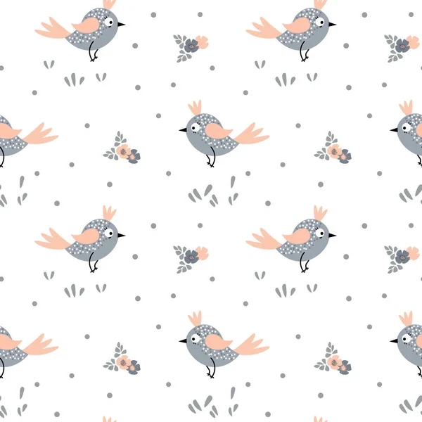 Seamless Pattern Small Cute Gray Orange Birds Leaves Flowers White — Stock Vector