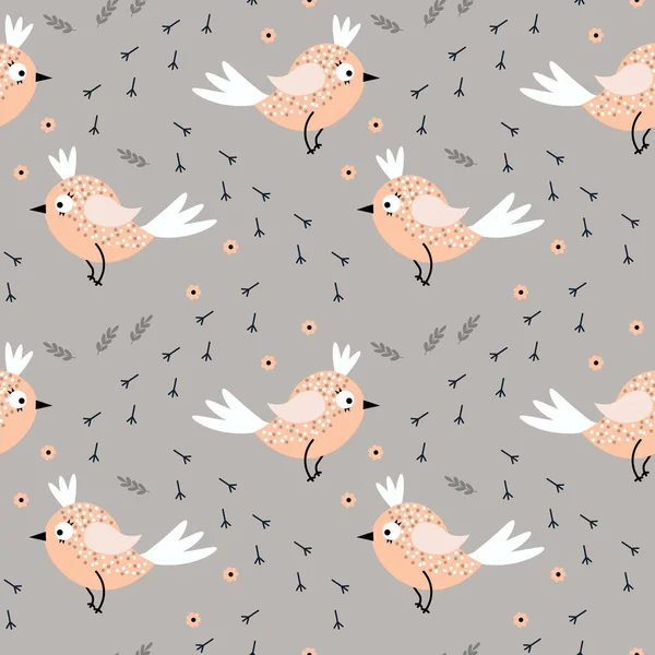 Бесшовный Узор Маленькие Милые Оранжевые Птицы Отпечатки Лап Листья Цветы — стоковый вектор