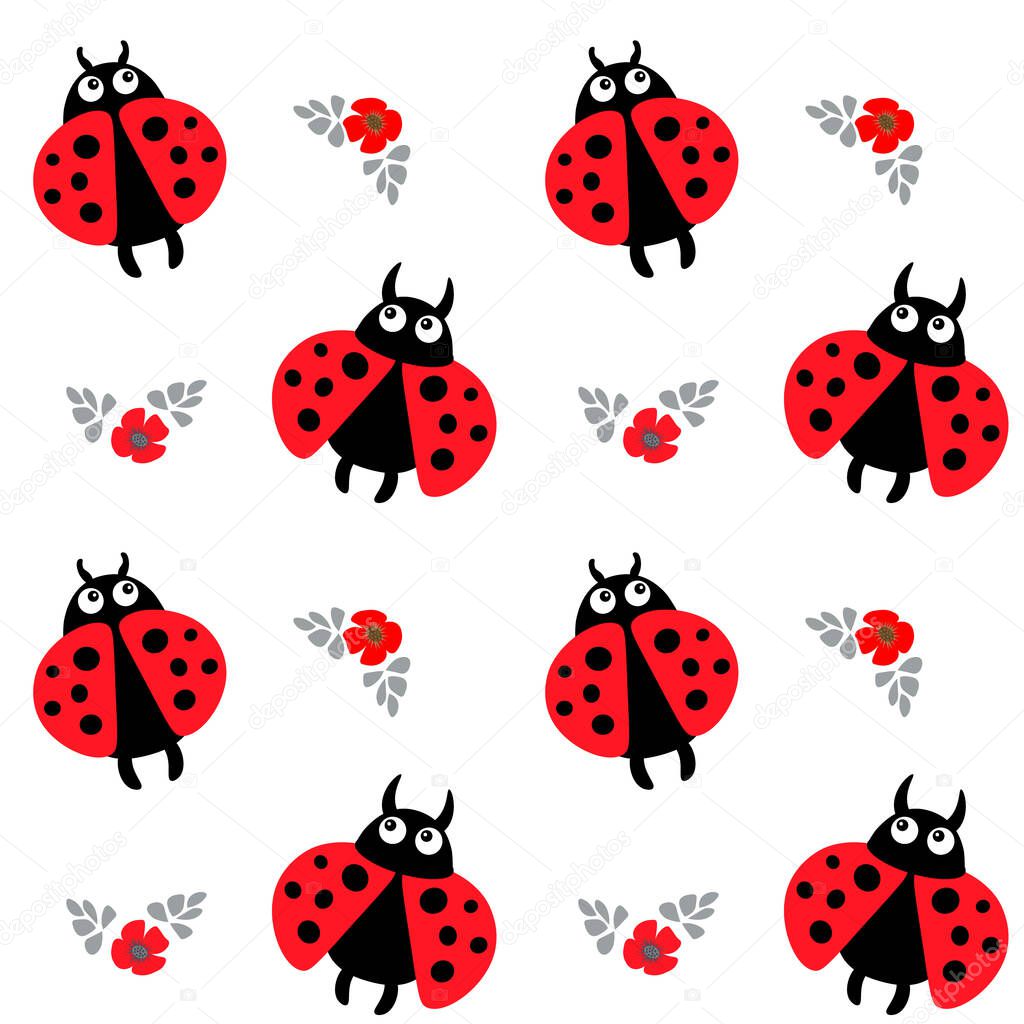 Seamless pattern, cute red ladybugs and small red-gray flowers on a white background. Children's print, textile, wallpaper, kids bedroom decor