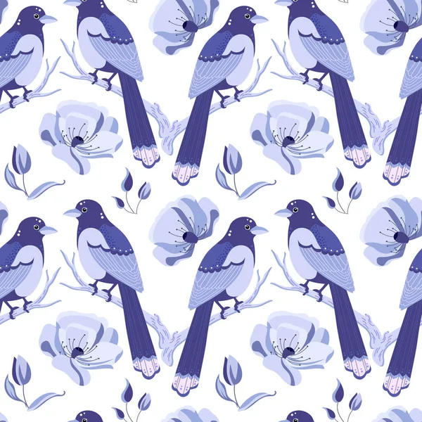 Seamless Pattern Cute Magpie Birds Delicate Lilac Flowers White Background — Stock Vector