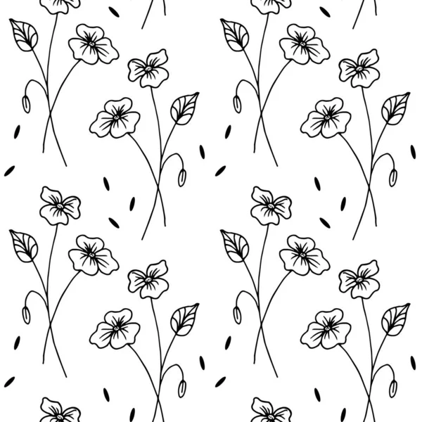 Seamless Pattern Hand Drawn Contour Branches Wild Flowers Doodle Style — Stock Vector