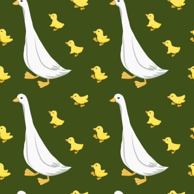 Kusursuz desenler, kaz kuşları ve yeşil arka planda sarı ördekler. Çocuklar için yazdırma, tekstil, duvar kağıdı, yatak odası dekorasyonu