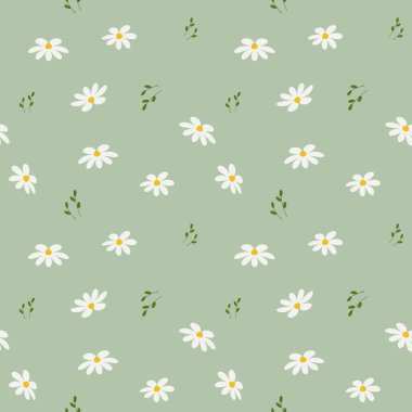 Kusursuz desen, küçük beyaz papatyalar ve yumuşak yeşil arka planda yapraklar. Yazdırma, tekstil, arkaplan, duvar kağıdı.