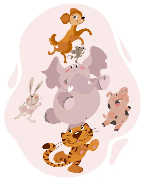 Dětské Ilustrace Zvířat Legrační Kreslené Prase Slon Pes Zajíc Tygří — Stockový vektor