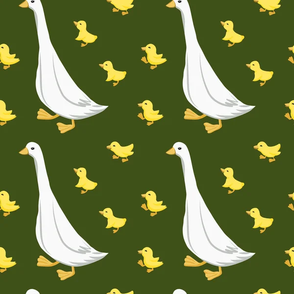 Kusursuz desenler, kaz kuşları ve yeşil arka planda sarı ördekler. Çocuklar için yazdırma, tekstil, duvar kağıdı, yatak odası dekorasyonu