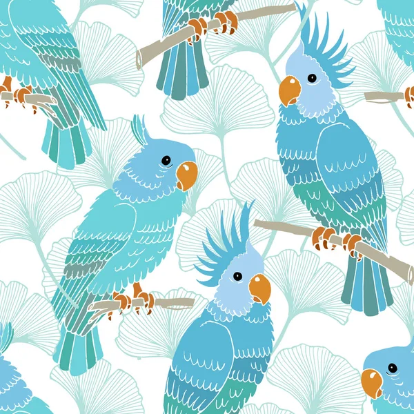 Patrón Sin Costuras Pájaros Loro Sobre Fondo Hojas Ginkgo Tonos — Vector de stock