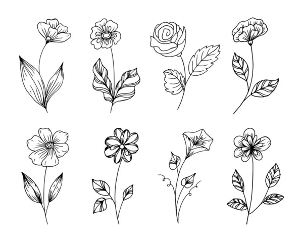 Ensemble Fleurs Contour Dessinées Main Dans Style Doodle Sur Fond — Image vectorielle