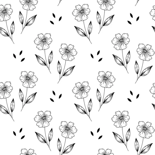 Motif Sans Couture Fleurs Contour Noir Dans Style Doodle Sur — Image vectorielle