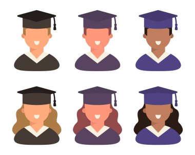 Simge seti, öğrenci şapkası takan öğrenciler, oğlanlar ve kızlar. Diplomalar, okullar, üniversiteler ve üniversiteler için ikonalar. Görseller