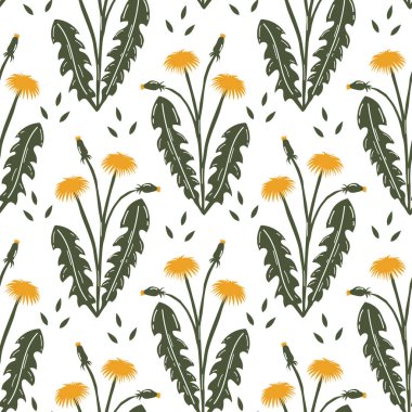 Kusursuz desenli, beyaz arka planda yeşil yapraklı renkli sarı karahindibalar. Yazdırma, tekstil, duvar kağıdı, keten dekor, kapak