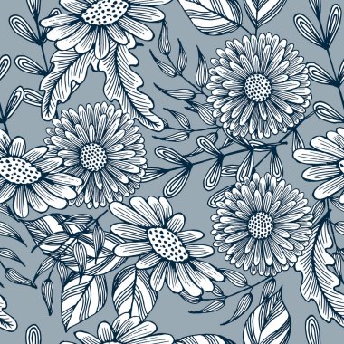 Kusursuz desen, el yapımı papatya çiçekleri, soluk mavi arka planda mavi çizgiler. Tekstil, baskı, duvar kağıdı için zarif tasarım