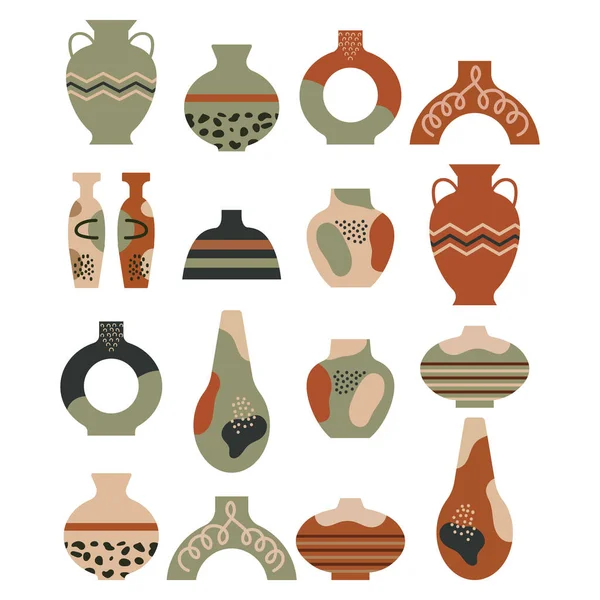 Set Painted Pottery Ornaments Retro Style Pottery Icons Brown Green — Stock Vector