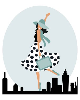 Seyahat illüstrasyonu, şapkalı ve polka noktalı etekli, soyut bir geçmişi olan güzel bir kız. Seyahat acentası tasarımı, klip sanatı, vektör