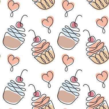 Kusursuz desenli, hatları çizilmiş kekler ve renkli lekeli kalpler. Yazdırma, satır sanatı, tekstil, kafe dekorasyonu