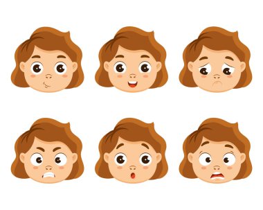 Bir dizi duygu, farklı duyguları olan komik küçük bir kızın yüzü, neşe, öfke, kırgınlık ve diğerleri. Çocuklar için yazdırma, simgeler, çıkartmalar