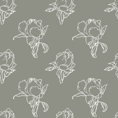 Kusursuz desenli, gri arka planda beyaz güller çizilmiş. Yazdırma, tekstil, pastel kumaşlar için dekor, duvar kağıdı