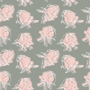 Kusursuz desenli, gri arka planda pembe lekeli beyaz güller çizilmiş. Yazdırma, tekstil, pastel kumaşlar için dekor, duvar kağıdı