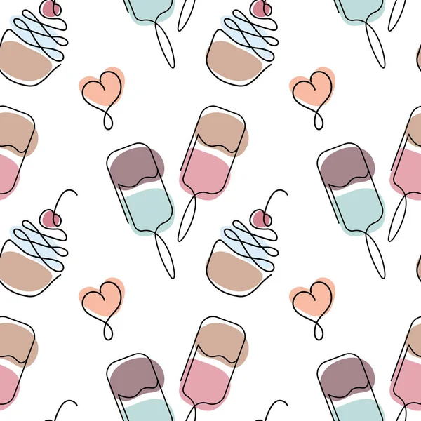 Seamless Pattern Drawn Contour Cupcakes Ice Cream Stick Hearts Colored — стоковый вектор