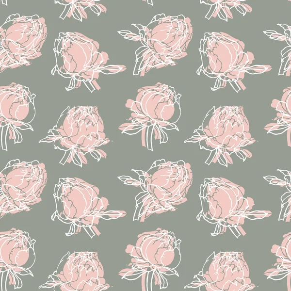 Kusursuz desenli, gri arka planda pembe lekeli beyaz güller çizilmiş. Yazdırma, tekstil, pastel kumaşlar için dekor, duvar kağıdı