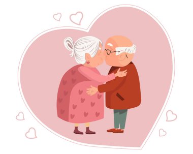 İllüzyon, aile mutluluğu. Sevimli büyükannelerle büyükbabalar arka planda öpüşürler. Aile kavramı. Yazdırma, kırpma sanatı, vektör
