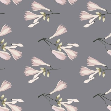 Kusursuz desenler, gri arka planda soluk pembe manolya çiçekleri olan dallar. Yazdırma, tekstil, pastel kumaşlar için dekor, duvar kağıdı