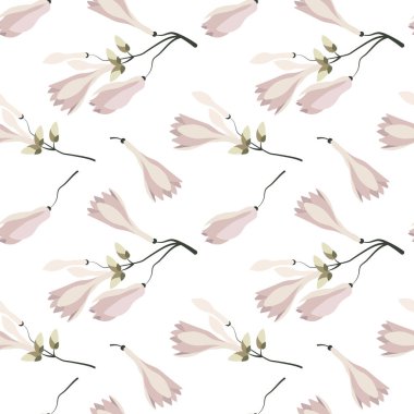 Kusursuz desenler, beyaz arka planda soluk pembe manolya çiçekleri olan dallar. Yazdırma, tekstil, pastel kumaşlar için dekor, duvar kağıdı