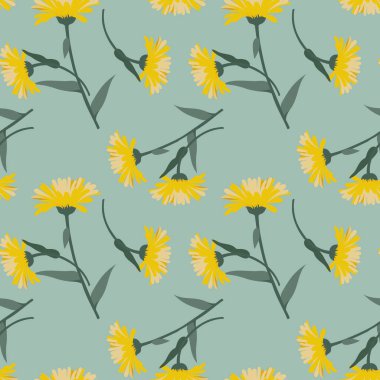 Kusursuz desen, yeşil arka planda yaprakları olan sarı ekinezya çiçekleri. Yazdırma, tekstil, pastel kumaşlar için dekor, duvar kağıdı