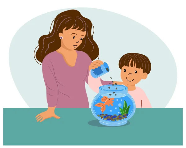 Illustration Family Happiness Mom Son Feed Fish Aquarium Family Concept — стоковый вектор