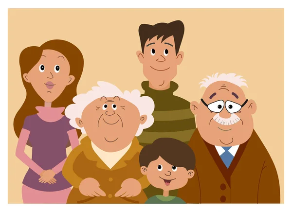 Ilustracja Rodzinne Szczęście Uroczy Portret Rodzinny Dziadkowie Rodzice Dziecko Koncepcja — Wektor stockowy
