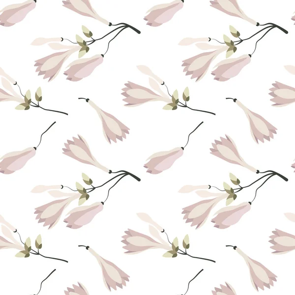 Seamless Pattern Branches Pale Pink Magnolia Flowers White Background Print — 스톡 벡터