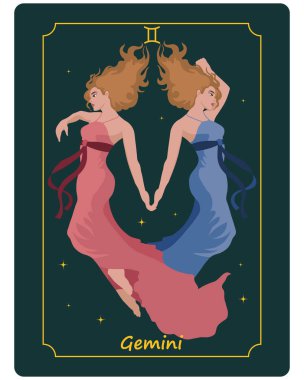 Gemini burcu, yıldızlı karanlık bir arka planda iki güzel büyülü kadın. Astrolojik poster, illüstrasyon, tarot