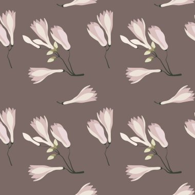 Kusursuz desenler, soluk pembe manolya çiçekli dallar bej arka planda. Yazdırma, tekstil, pastel dekor, duvar kağıdı