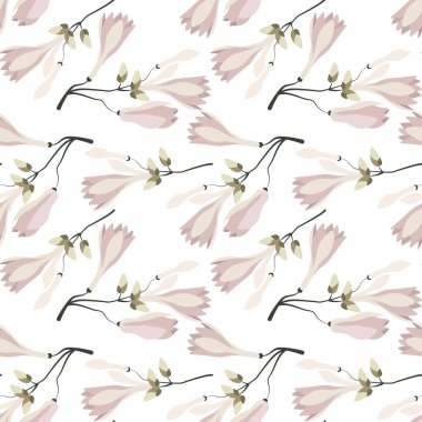 Kusursuz desenler, beyaz arka planda soluk pembe manolya çiçekleri olan dallar. Yazdırma, tekstil, pastel dekor, duvar kağıdı