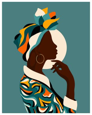 Renkli ulusal başlık ve elbise giymiş Afrikalı bir kadın. Resim, poster, duvar sanatı, vektör
