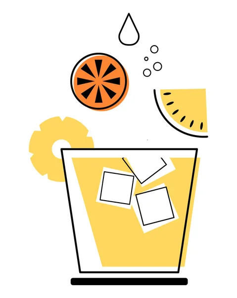 Illustratie Getekende Zomercocktail Met Stukjes Ananas Sinaasappelsap Ijsblokjes Ikoon Clip — Stockvector