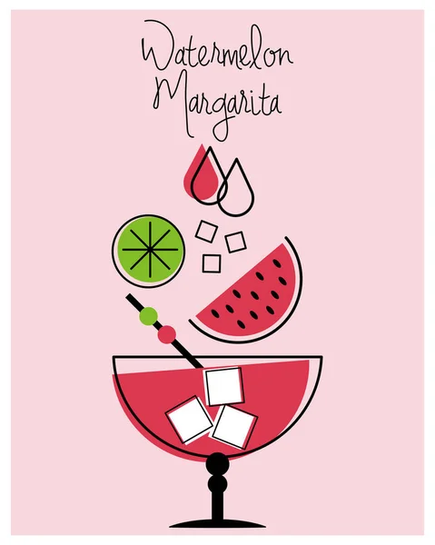 Illustration Glas Mit Margarita Cocktail Mit Wassermelonensaft Limetten Und Eiswürfeln — Stockvektor