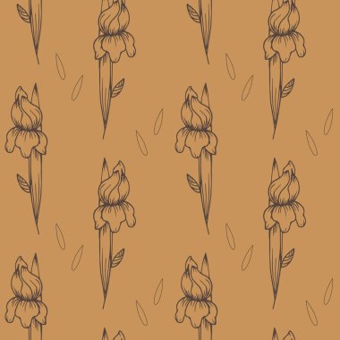 Kusursuz desen, elle çizilmiş karalama şeklinde çiçekler. Bej, kahverengi, beyaz renkler. Yazdır, tekstil, yatak odası ve mutfak dekoru, duvar kağıdı